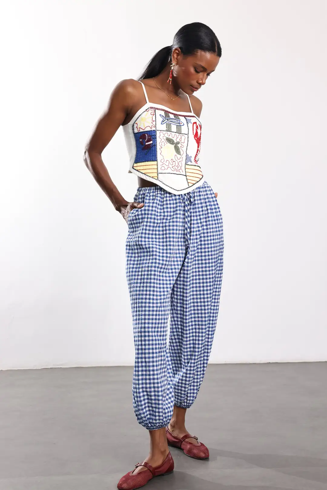 Kareli Lastikli Şalvar Pantolon
